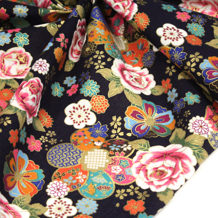 Tissu cotonnade motifs japonais traditionnels : fleuris multicolores, fond bleu ou rouge - COLLECTION JAPON DORÉ