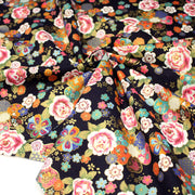 Tissu cotonnade motifs japonais traditionnels : fleuris multicolores, fond bleu ou rouge - COLLECTION JAPON DORÉ - TissusPapi.com