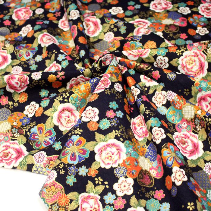 Tissu cotonnade motifs japonais traditionnels : fleuris multicolores, fond bleu ou rouge - COLLECTION JAPON DORÉ