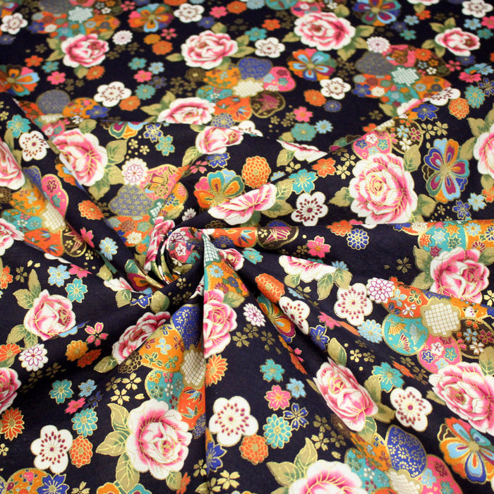 Tissu cotonnade motifs japonais traditionnels : fleuris multicolores, fond bleu ou rouge - COLLECTION JAPON DORÉ