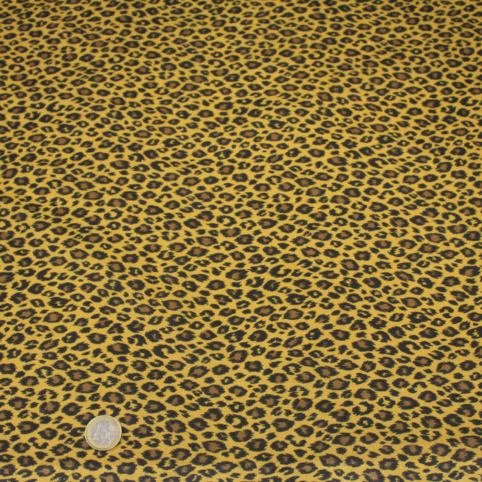 Tissu coton LEOPARD, taches noires et fauve, fond jaune moutarde - OEKO-TEX