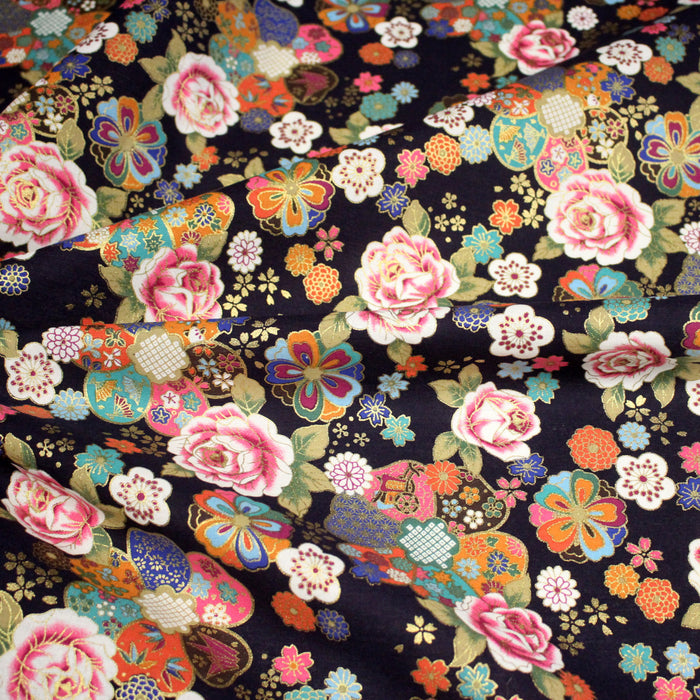 Tissu cotonnade motifs japonais traditionnels : fleuris multicolores, fond bleu ou rouge - COLLECTION JAPON DORÉ