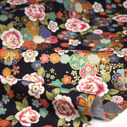 Tissu cotonnade motifs japonais traditionnels : fleuris multicolores, fond bleu ou rouge - COLLECTION JAPON DORÉ - TissusPapi.com