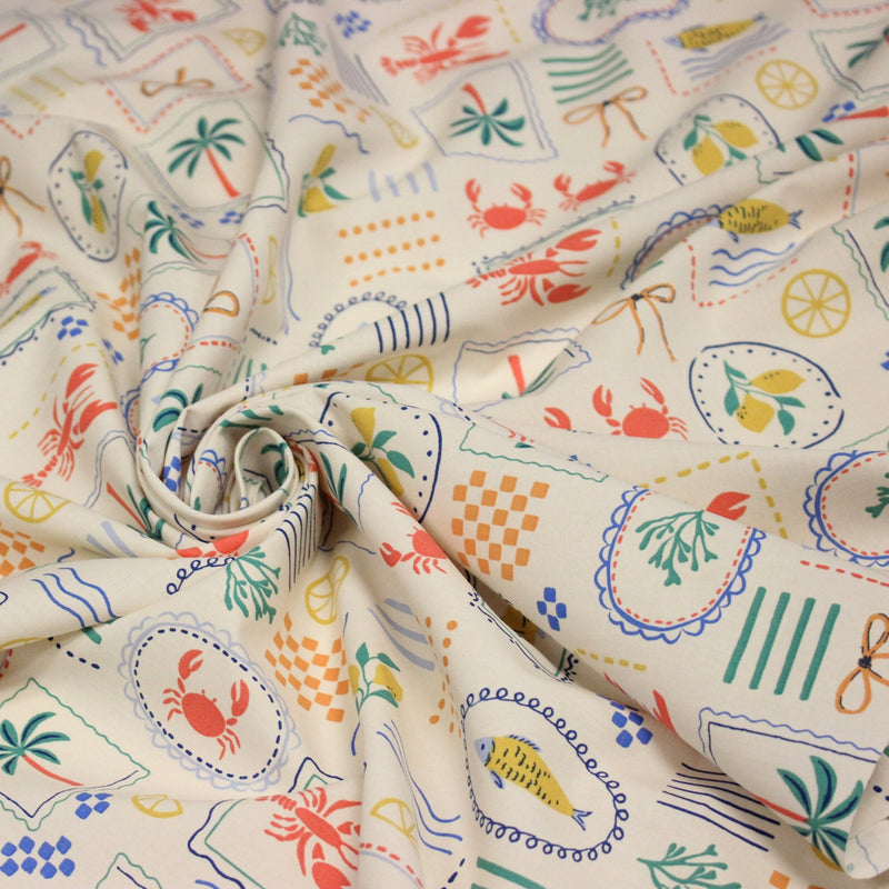 Tissu cotonnade Homards, palmiers et citrons - COLLECTION SICILIA - OEKO - TEX STANDARD 100 - TissusPapi.com