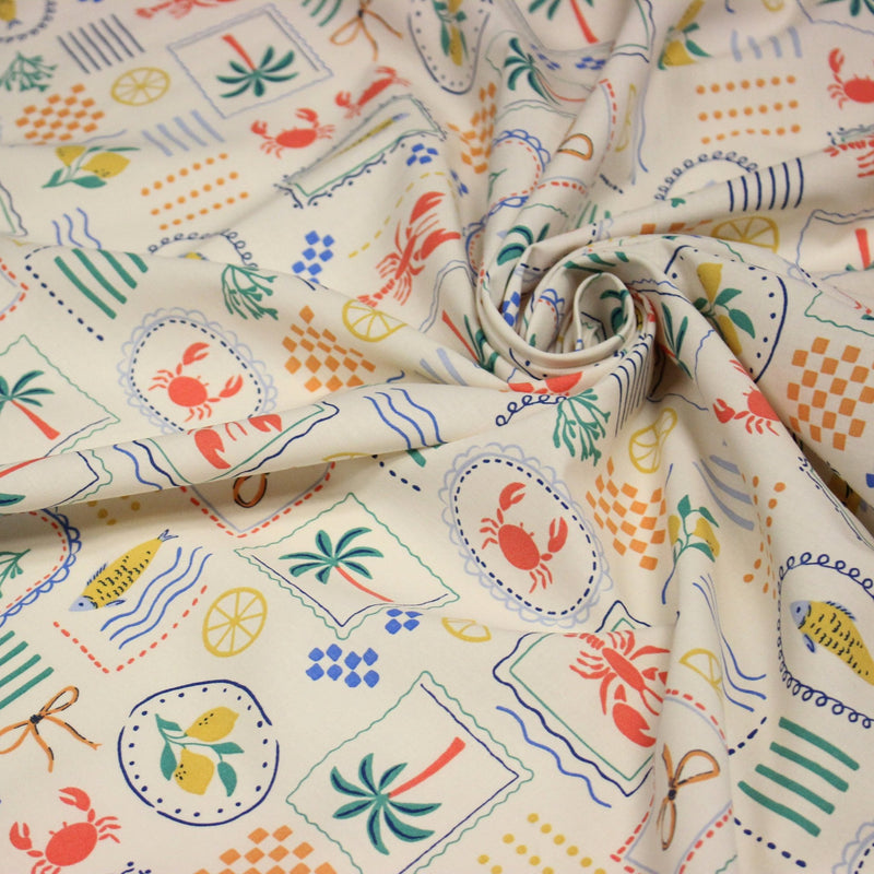 Tissu cotonnade Homards, palmiers et citrons - COLLECTION SICILIA - OEKO - TEX STANDARD 100 - TissusPapi.com