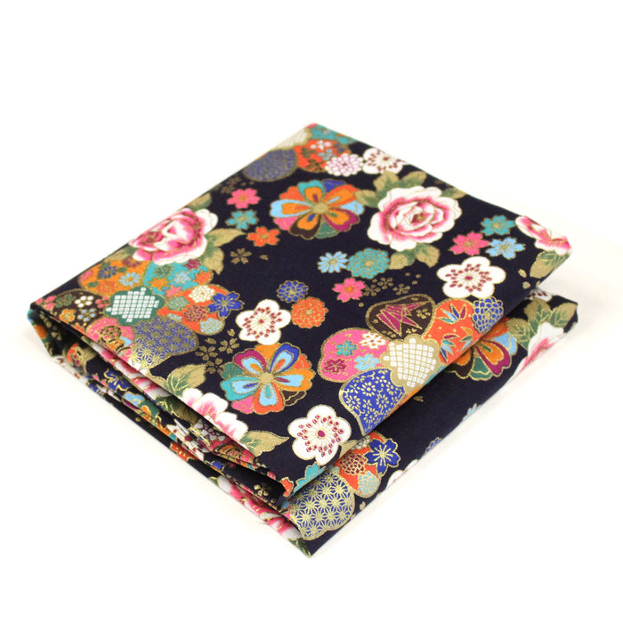 Tissu cotonnade motifs japonais traditionnels : fleuris multicolores, fond bleu ou rouge - COLLECTION JAPON DORÉ