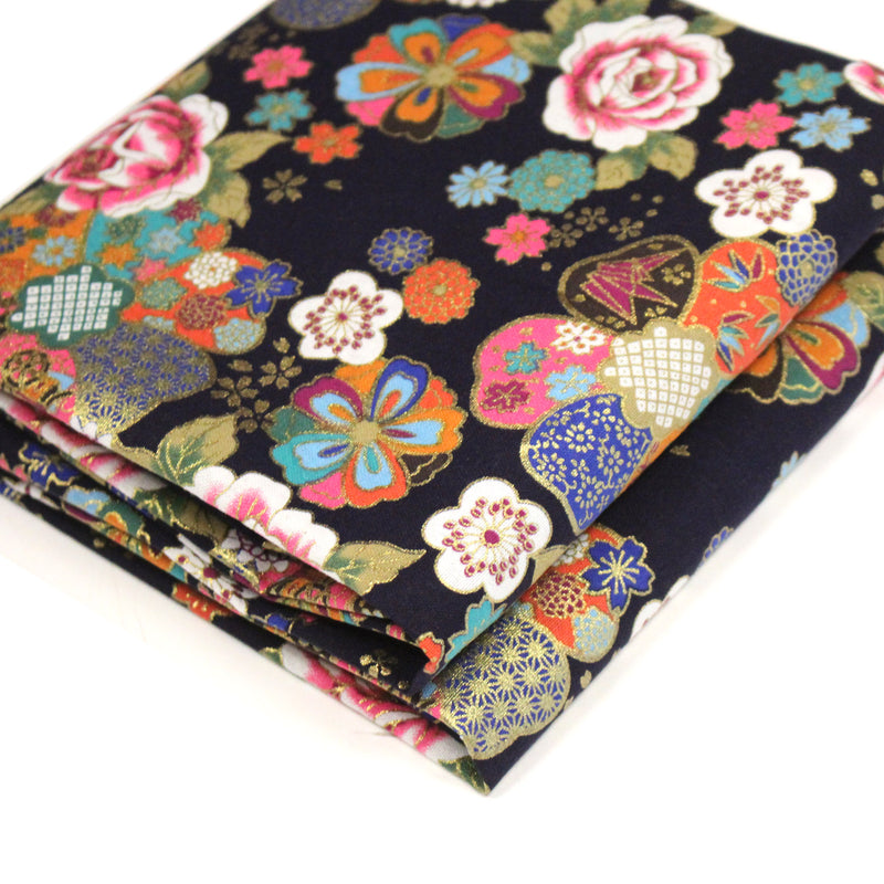 Tissu cotonnade motifs japonais traditionnels : fleuris multicolores, fond bleu ou rouge - COLLECTION JAPON DORÉ - TissusPapi.com