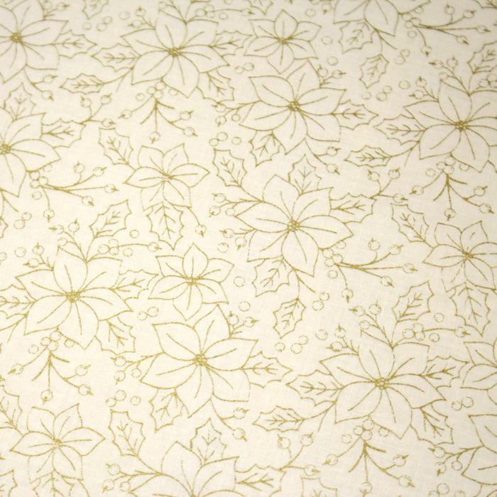 Tissu coton NOËL écru aux feuilles de houx et fleurs dorées - OEKO-TEX