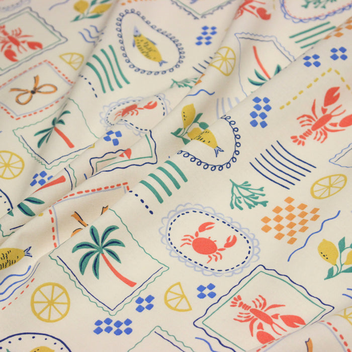 Tissu cotonnade Homards, palmiers et citrons - COLLECTION SICILIA - OEKO-TEX STANDARD 100