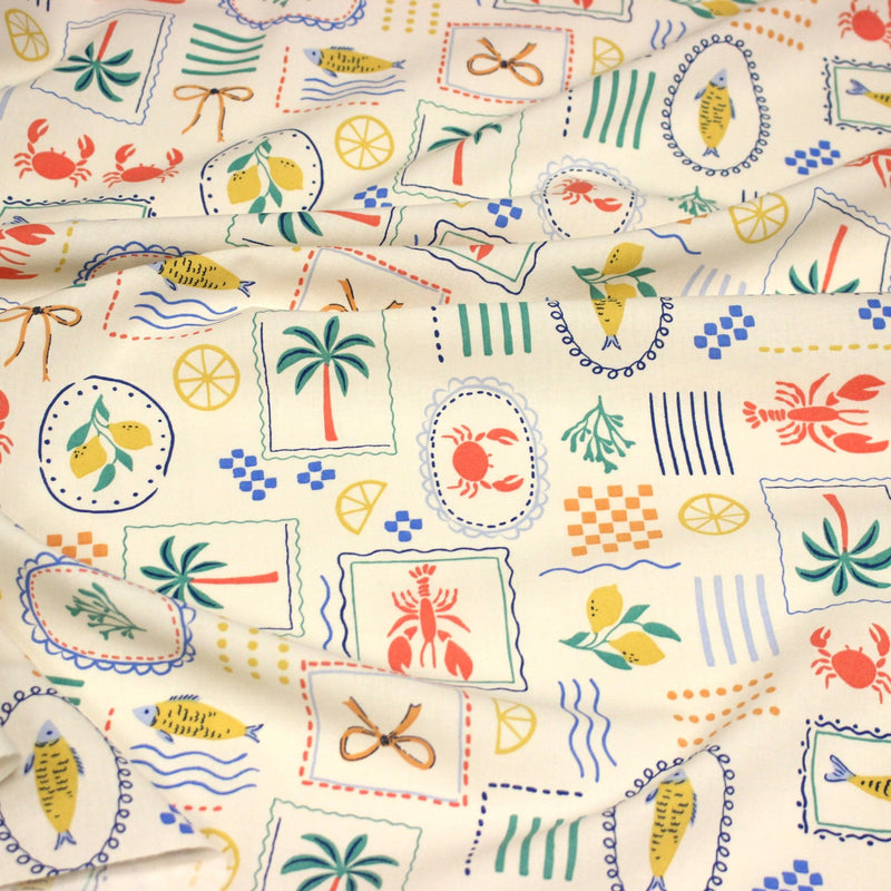 Tissu cotonnade Homards, palmiers et citrons - COLLECTION SICILIA - OEKO - TEX STANDARD 100 - TissusPapi.com