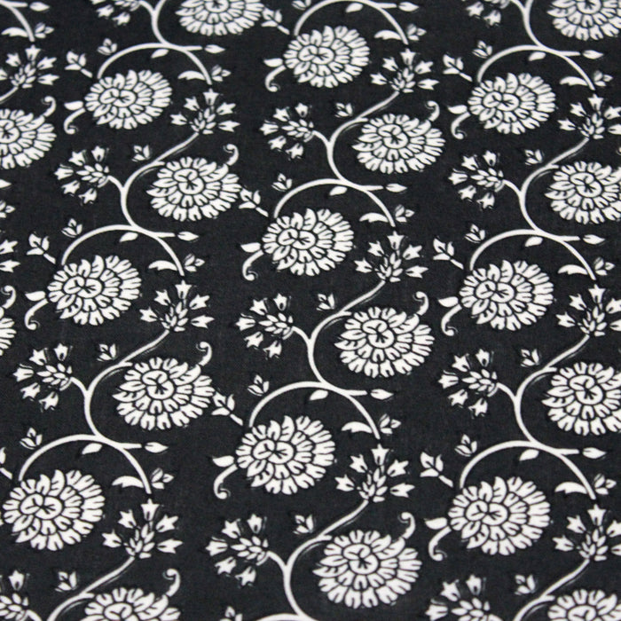 Tissu cotonnade motif fleuri indien noir et blanc - COLLECTION KALAMKARI