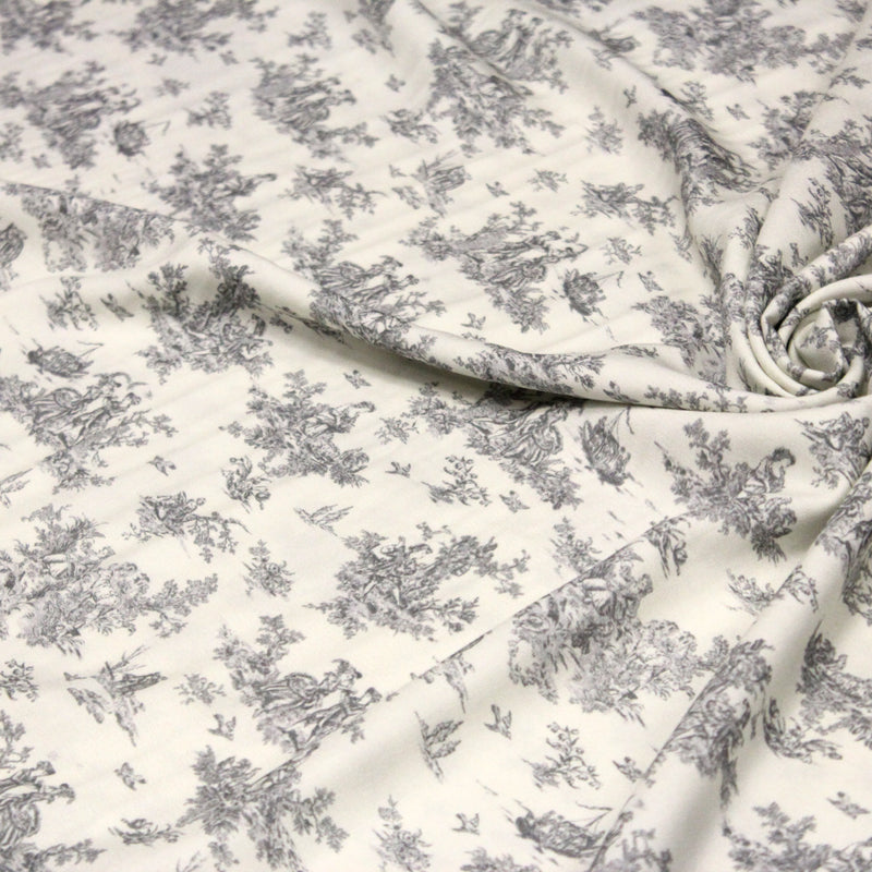Tissu Viscose fluide motif toile de Jouy grise - COLLECTION POMPADOUR - OEKO - TEX - TissusPapi.com