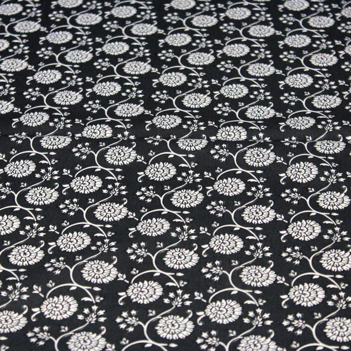 Tissu cotonnade motif fleuri indien noir et blanc - COLLECTION KALAMKARI