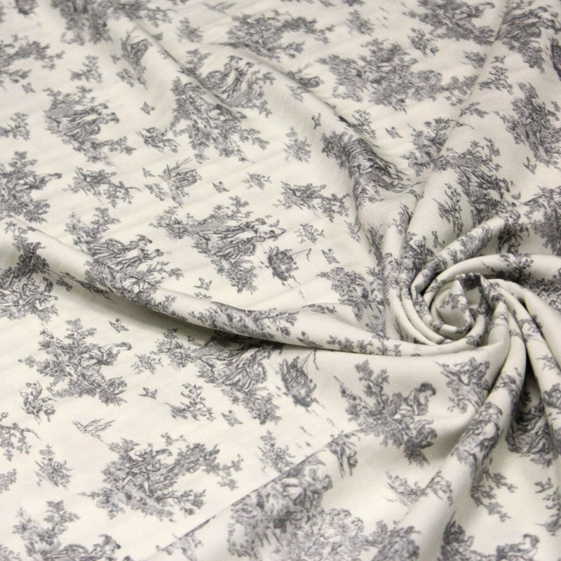 Tissu Viscose fluide motif toile de Jouy grise - COLLECTION POMPADOUR - OEKO - TEX - TissusPapi.com