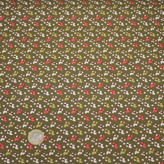 Tissu cotonnade aux fines fleurs & pois, fond vert kaki - OEKO-TEX