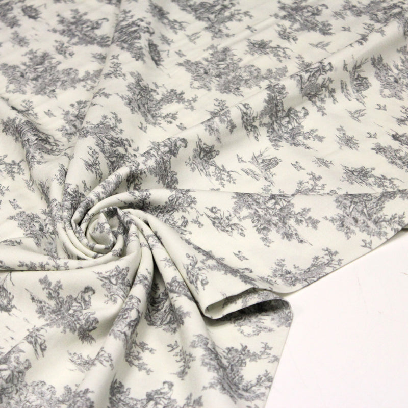 Tissu Viscose fluide motif toile de Jouy grise - COLLECTION POMPADOUR - OEKO - TEX - TissusPapi.com