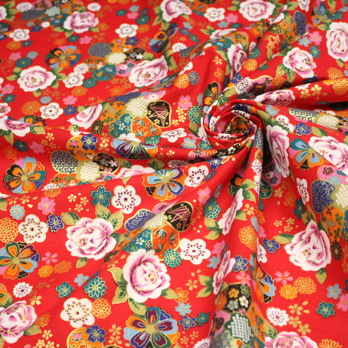 Tissu cotonnade motifs japonais traditionnels : fleuris multicolores, fond bleu ou rouge - COLLECTION JAPON DORÉ