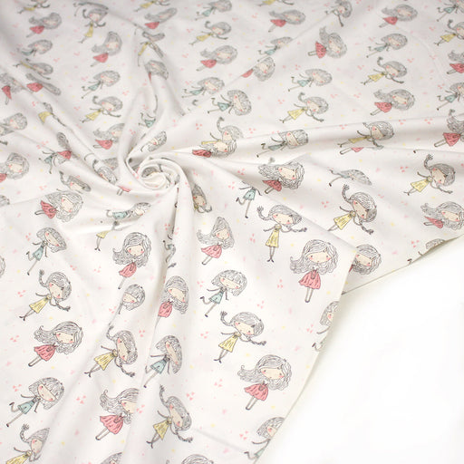 Tissu popeline coton blanc aux petits filles & petits coeurs roses - TissusPapi.com