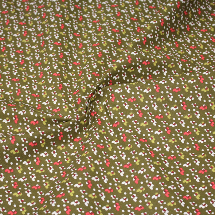 Tissu cotonnade aux fines fleurs & pois, fond vert kaki - OEKO-TEX