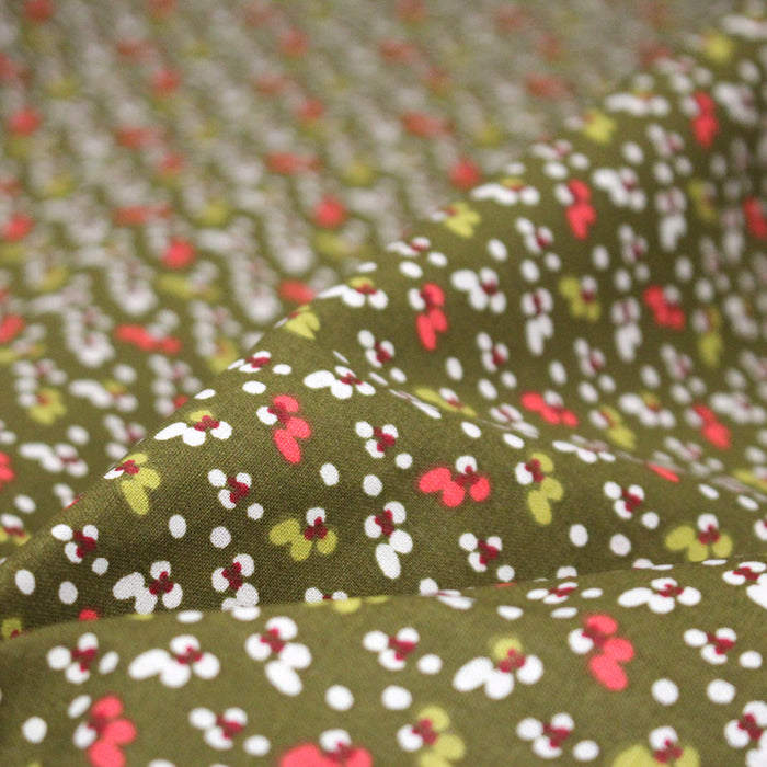 Tissu cotonnade aux fines fleurs & pois, fond vert kaki - OEKO-TEX