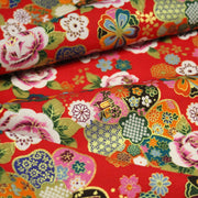 Tissu cotonnade motifs japonais traditionnels : fleuris multicolores, fond bleu ou rouge - COLLECTION JAPON DORÉ - TissusPapi.com