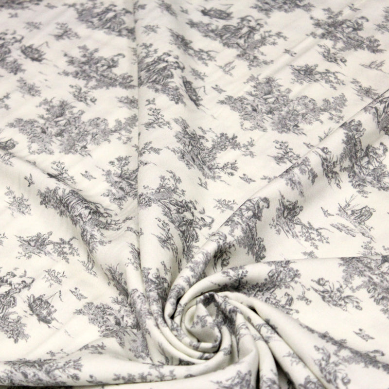 Tissu Viscose fluide motif toile de Jouy grise - COLLECTION POMPADOUR - OEKO - TEX - TissusPapi.com