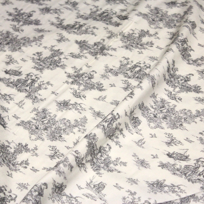 Tissu Viscose fluide motif toile de Jouy grise - COLLECTION POMPADOUR - OEKO - TEX - TissusPapi.com