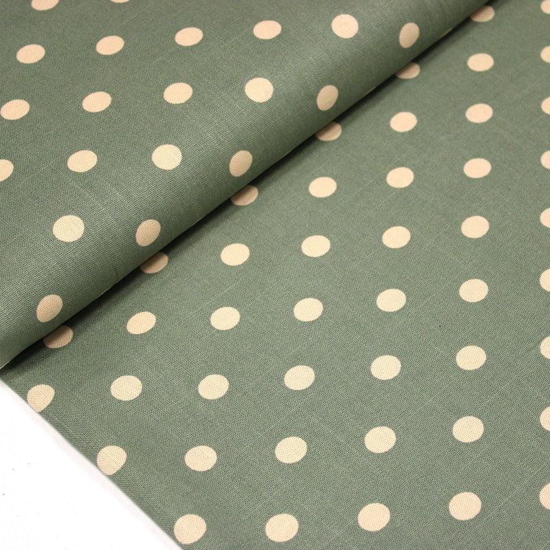 Tissu coton demi natté vert sauge aux pois écrus - MADE IN JAPAN - FABRICATION JAPONAISE - TissusPapi.com