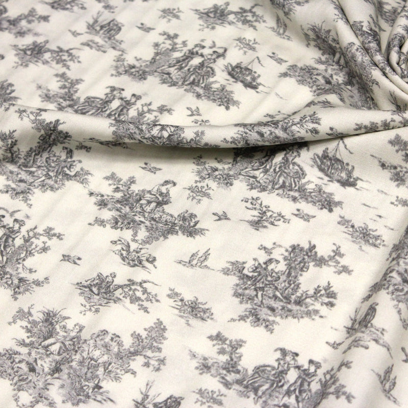 Tissu Viscose fluide motif toile de Jouy grise - COLLECTION POMPADOUR - OEKO - TEX - TissusPapi.com