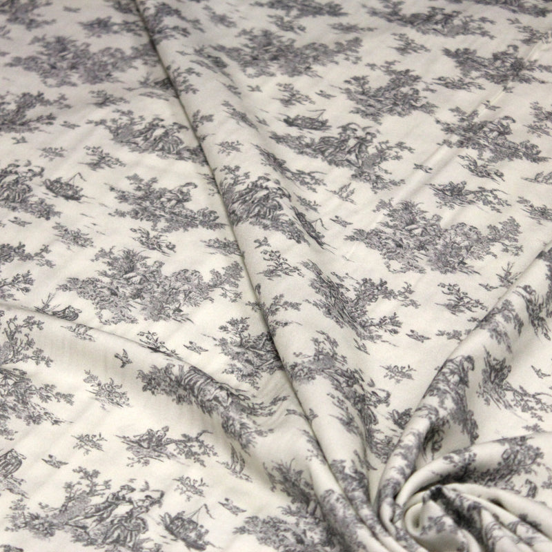 Tissu Viscose fluide motif toile de Jouy grise - COLLECTION POMPADOUR - OEKO - TEX - TissusPapi.com