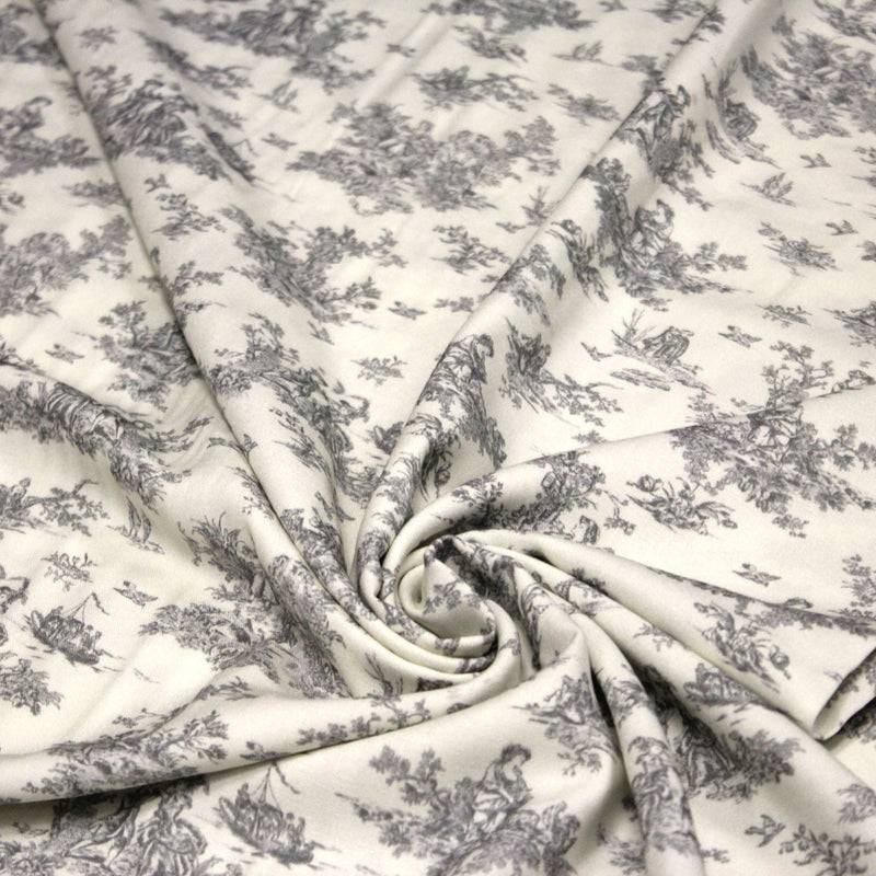 Tissu Viscose fluide motif toile de Jouy grise - COLLECTION POMPADOUR - OEKO - TEX - TissusPapi.com