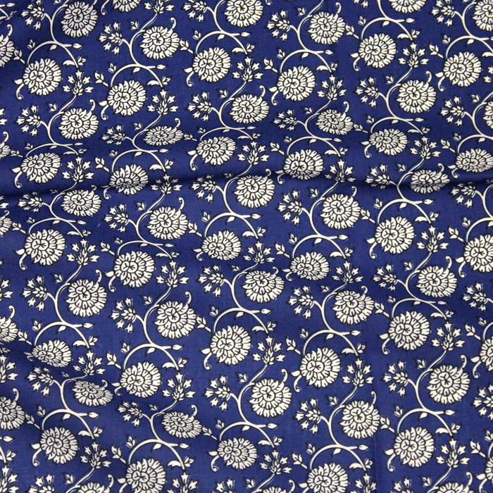 Tissu cotonnade motif fleuri indien bleu roi, noir et blanc - COLLECTION KALAMKARI