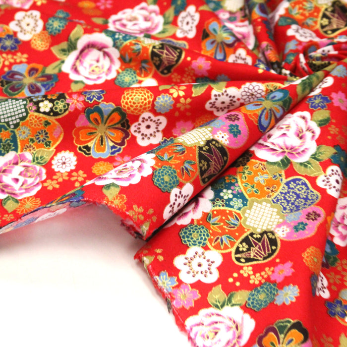 Tissu cotonnade motifs japonais traditionnels : fleuris multicolores, fond bleu ou rouge - COLLECTION JAPON DORÉ