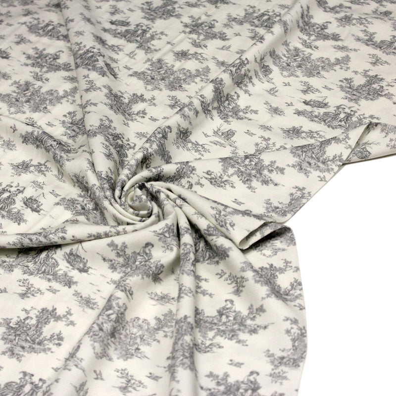 Tissu Viscose fluide motif toile de Jouy grise - COLLECTION POMPADOUR - OEKO - TEX - TissusPapi.com
