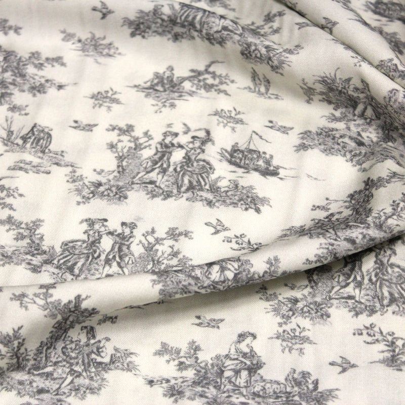 Tissu Viscose fluide motif toile de Jouy grise - COLLECTION POMPADOUR - OEKO - TEX - TissusPapi.com