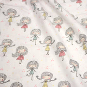 Tissu popeline coton blanc aux petits filles & petits coeurs roses - TissusPapi.com