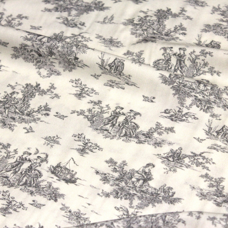 Tissu Viscose fluide motif toile de Jouy grise - COLLECTION POMPADOUR - OEKO - TEX - TissusPapi.com