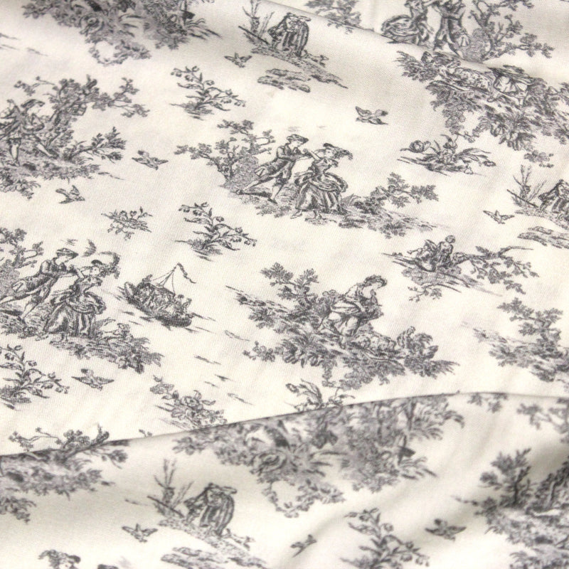 Tissu Viscose fluide motif toile de Jouy grise - COLLECTION POMPADOUR - OEKO - TEX - TissusPapi.com