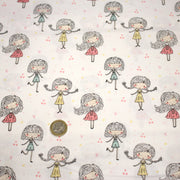 Tissu popeline coton blanc aux petits filles & petits coeurs roses - TissusPapi.com