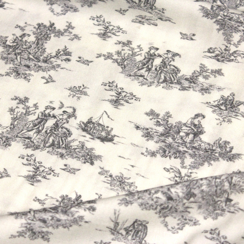 Tissu Viscose fluide motif toile de Jouy grise - COLLECTION POMPADOUR - OEKO - TEX - TissusPapi.com