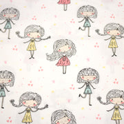 Tissu popeline coton blanc aux petits filles & petits coeurs roses - TissusPapi.com