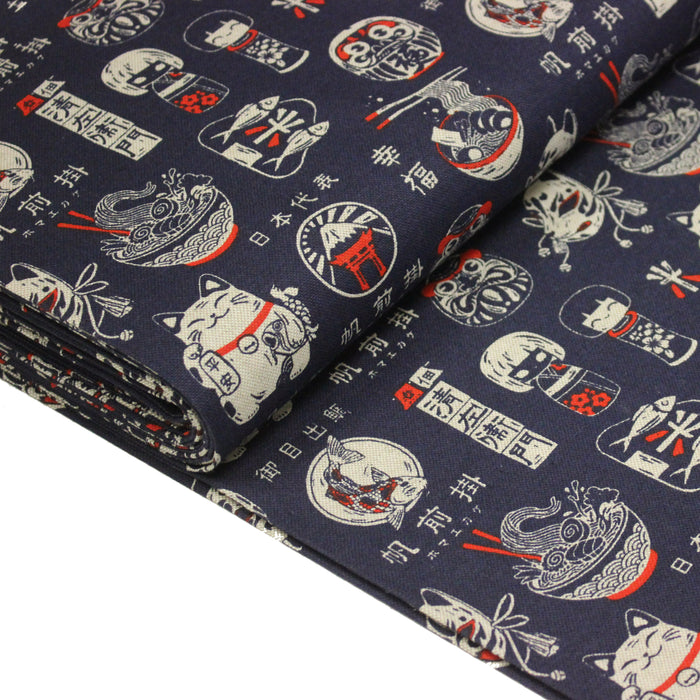 Tissu coton demi natté Symboles & porte-bonheurs japonais, bleu et rouge - OEKO-TEX STANDARD 100