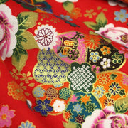 Tissu cotonnade motifs japonais traditionnels : fleuris multicolores, fond bleu ou rouge - COLLECTION JAPON DORÉ - TissusPapi.com