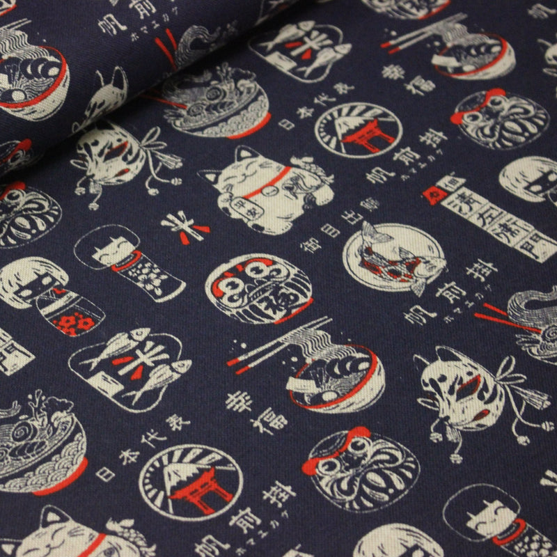 Tissu coton demi natté Symboles & porte - bonheurs japonais, bleu et rouge - OEKO - TEX STANDARD 100 - TissusPapi.com