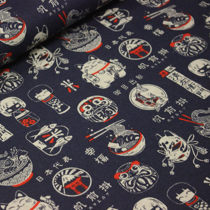 Tissu coton demi natté Symboles & porte-bonheurs japonais, bleu et rouge - OEKO-TEX STANDARD 100