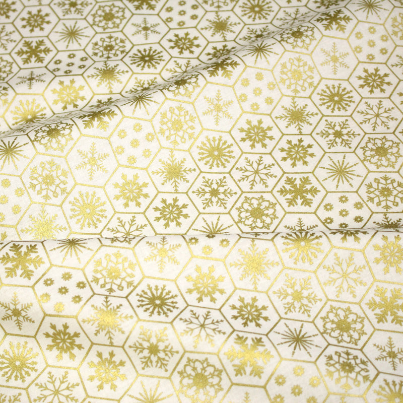 Tissu coton NOËL écru aux hexagones & étoiles des neiges dorés - OEKO - TEX - TissusPapi.com