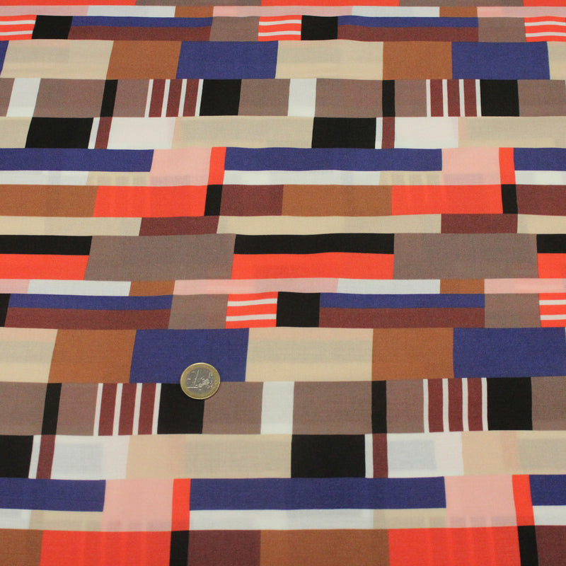 Tissu Viscose fluide WINA aux motifs géométriques rectangles bleus, oranges, marrons et écrus - OEKO - TEX STANDARD 100 - TissusPapi.com