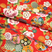 Tissu cotonnade motifs japonais traditionnels : fleuris multicolores, fond bleu ou rouge - COLLECTION JAPON DORÉ - TissusPapi.com