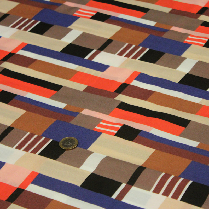 Tissu Viscose fluide WINA aux motifs géométriques rectangles bleus, oranges, marrons et écrus - OEKO - TEX STANDARD 100 - TissusPapi.com