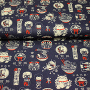 Tissu coton demi natté Symboles & porte - bonheurs japonais, bleu et rouge - OEKO - TEX STANDARD 100 - TissusPapi.com